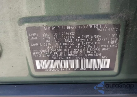 2013 Subaru Outback 2.5I из США, поврежденный, VIN 4S4BRCAC7D3271422